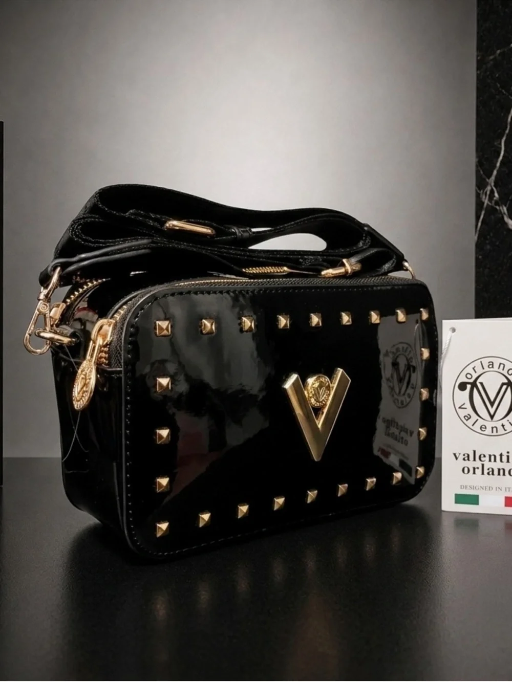 Valentino Orlandi Black Patent Crossbody with Gold Studs
